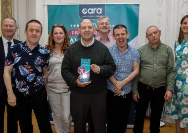 Outstanding Community Disability Service Award – Staff and residents of Moville RGH – Moville Co.Donegal.  (L-R): Jon Morgan Chair of Cara, Kevin McLoughlin, Patricia Hamilton, James Ruddy,  Martin McNamee, Mattie McLoughlin and Patrick Ruddy and Rhian McCarroll Training and education coordinator Cara.