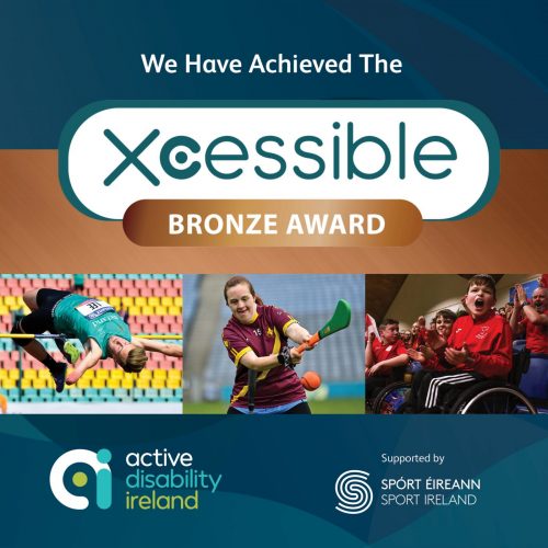 Xcessible Bronze Award logo with three images of people doing athletics, camogie and enjoying sport
