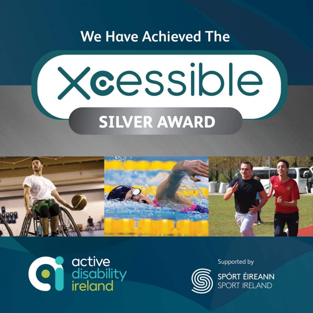 Xcessible Silver Award logo with three images of people playing basketball, swimming and running