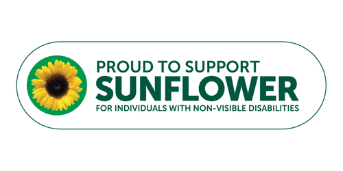 Hidden Disabilities Sunflower Logo with text reading "Proud to support Sunflower for Individuals with non-visible disabilities"